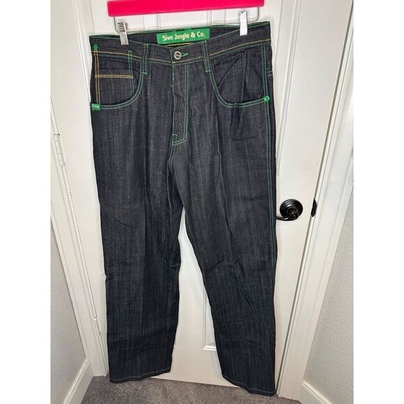 VTG 5ive Jungle & Co. Black Wash Green Yellow Stitching Baggy Jeans Sz 34 Skater - Picture 1 of 8